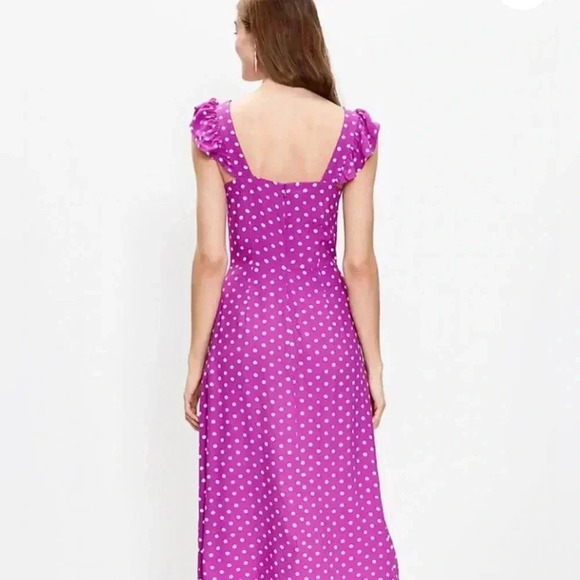 Loft Magenta dot ruffle sleeve slit dress 4 - Picture 3 of 5